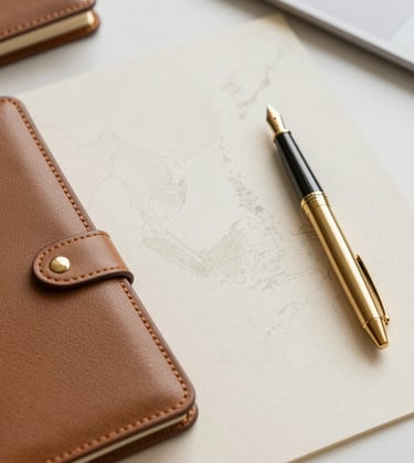 A sophisticated top-down view of a minimalist workspace. A premium leather-bound notebook, a gold fountain pen (#C0A060), and a subtle, high-quality printed map of Southeast Asia on textured cream paper. Professional, strategic, and grounded aesthetic.