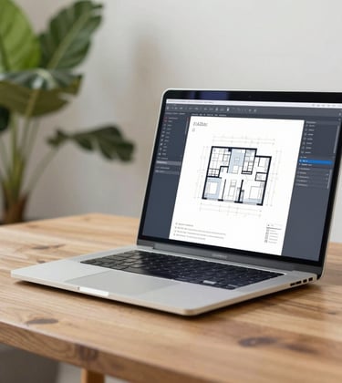Close-up of a modern workstation featuring a sleek laptop displaying complex architectural software diagrams. A warm wooden desk and a lush green tropical plant in soft focus in the background. Lighting is clean and natural, incorporating brand tones of #1A2B3C and #F8F6F1.