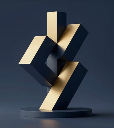 An abstract geometric sculpture representing strategic structure and stability. High-contrast lighting with deep navy #1A2B3C and warm gold #C0A060 accents, conveying forward-thinking authority.