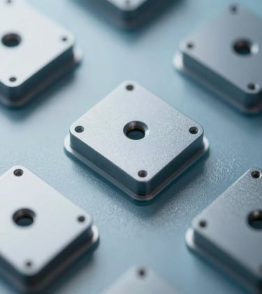 Macro shot of high-tech hardware components and a frosted glass surface. The lighting is professional and cool, with steel blue shadows (#658BA3) and sharp, refined details that suggest precision research and procurement. Minimalist and clean composition.