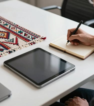 A professional setting showing a modern office desk with a digital tablet and a traditional Andean textile runner. A hand is seen writing in a leather-bound notebook. The lighting is bright and clean, reflecting an atmosphere of innovation and education. Colors include steel grey and off-white.
