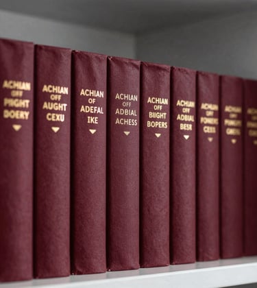 A close-up shot of elegant book spines on a shelf, focusing on a collection with academic titles and deep burgundy covers. The lighting is focused and professional, highlighting the texture of the paper and the quality of the binding. Minimalist steel grey background.