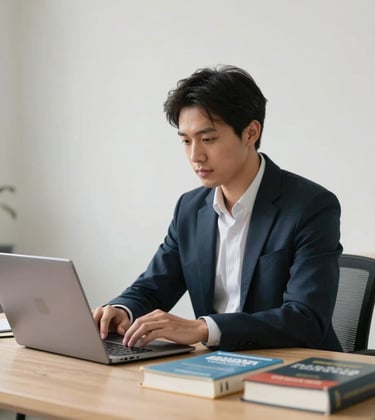 A professional translator working in a bright, contemporary studio. On the desk, there is a high-end laptop and several academic dictionaries. The background is a clean, off-white wall with a subtle architectural texture. Sharp focus, sophisticated lighting.