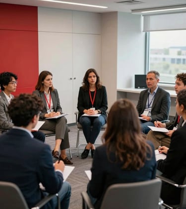 A group of diverse professionals in a modern conference hall, engaged in a high-level discussion about intercultural education. The background features clean, contemporary interior design with Crimson Red accents.