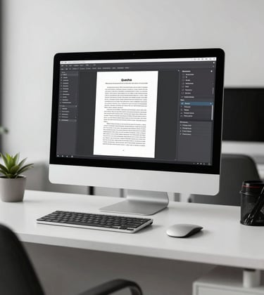 A professional editing studio environment with a high-end computer screen showing a manuscript in Quechua. The setting is modern and minimalist, featuring a Pearl White desk and Charcoal office furniture.