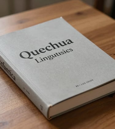 A close-up photograph of a high-quality academic textbook about Quechua linguistics, placed on a clean wooden desk. The lighting is focused and professional, highlighting the textures of the paper and the Neutral Gray cover.