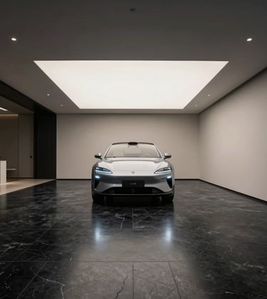 An architectural wide shot of a minimalistic luxury car showroom. The floor is polished obsidian black stone, reflecting the soft ceiling lights. A silver vehicle sits alone under a single cool off-white spotlight, creating a sense of sophisticated exclusivity.