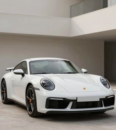 A sleek white Porsche 911 parked in a high-end driveway. The minimalist architecture in the background uses #F8F5F0 and #5C5046. The car's design is front and center. Professional photography style.