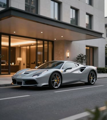 A high-end Ferrari parked in front of a modern, minimalist architectural hotel entrance. Evening shot with warm interior lights spilling out. Elegant, high-performance vibe using #1A1A1A and #B2A292 tones.