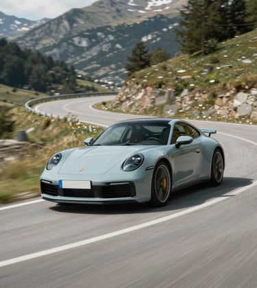 Dynamic motion-blur shot of a Porsche 911 taking a sharp turn on a scenic Andorran pass. Daylight lighting, crisp and clean aesthetic. Incorporates #B2A292 and #F8F5F0 in the environment.