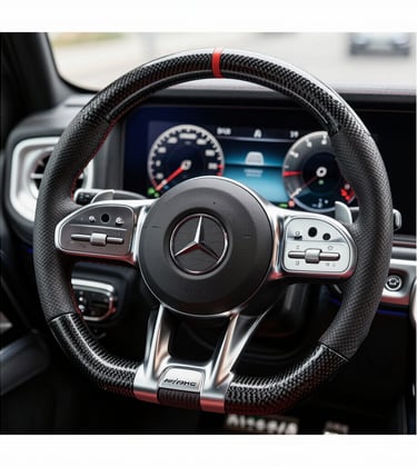 A focused shot of the steering wheel and digital dashboard of a modern AMG. The interior features carbon fiber and leather, reflecting the #1A1A1A and #5C5046 color scheme. High-tech and premium.