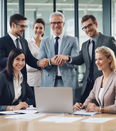 Two men are standing side by side, smiling, with one placing his arm around the other's shoulder. They are in a professional setting, dressed in business casual attire. Behind them is a sign that reads 'Freshworks Partner Program' with some description and logos. The background consists of a brick wall.