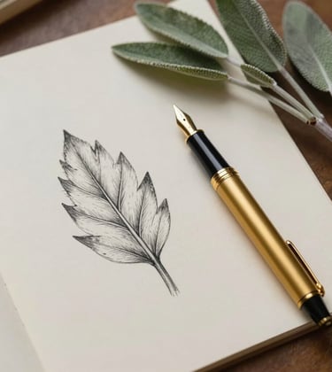 An elegant overhead shot of a designer's workspace. A single hand-drawn leaf sketch rests on thick soft ivory paper, next to a matte gold fountain pen and a sprig of dried sage forest green foliage.