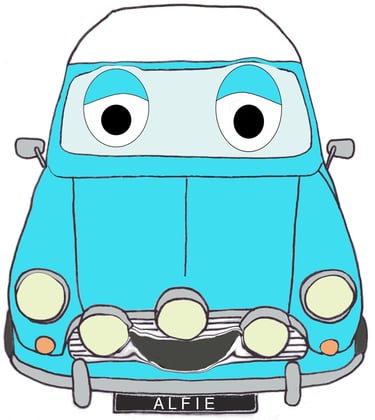 a cartoon car with a big eyes and a big smile