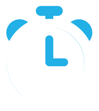 White clock icon with blue accent for hour and minute hands and alarm bell