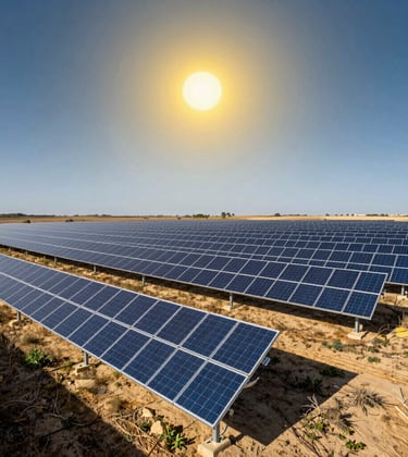 A wide landscape photograph of an expansive utility-scale ground-mounted photovoltaic solar farm located in the Southern European countryside. Neatly arranged solar arrays tilt toward the solar yellow sun, with electric blue sky reflections across the photovoltaic surface.