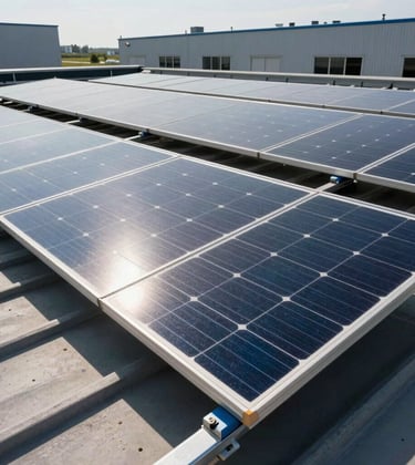 Detailed medium shot of high-efficiency solar panel modules mounted on the rooftop of an Italian commercial warehouse. Sunlight glints off the tempered solar glass, showing high-tech dark cell textures with clean electric blue metallic frames under bright afternoon lighting.