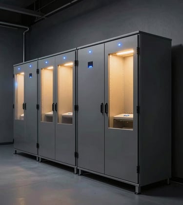 Professional interior photograph of a modern industrial energy storage room inside an Italian renewable energy facility. Sleek modern battery cabinets stand in a clean dark charcoal space illuminated by subtle electric blue indicator lights and warm yellow accents.