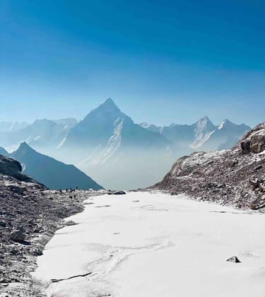 Crossing the Cho La Glacier in Nepal, surrounded by snow-capped peaks.