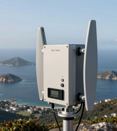 A close-up shot of a modern digital radio transmitter unit mounted on a mountaintop, overlooking a panorama of Atlantic islands and the ocean, European Atlantic / Insular, sharp focus.