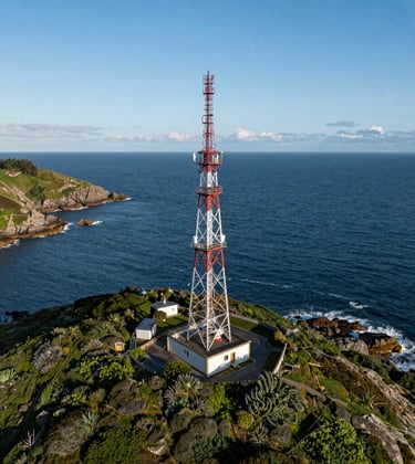 A high-angle view of a dramatic Atlantic coastline with a radio tower standing prominently against the sky, lush greenery and deep blue water, European Atlantic / Insular professional landscape.