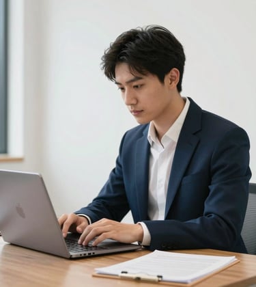 Clean, bright photography of a professional student using a modern laptop in a white-walled interior in North America / US. The scene is clutter-free and elegant, featuring high-quality wooden accents and corporate blue highlights.