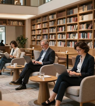 An elegant, well-lit library or upscale study lounge with modern furniture and professional adults reading and working on laptops in a quiet environment.