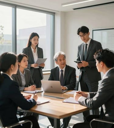 A group of professional business people in modern attire collaborating in a bright, high-end meeting room in North America. Natural sunlight through large windows.