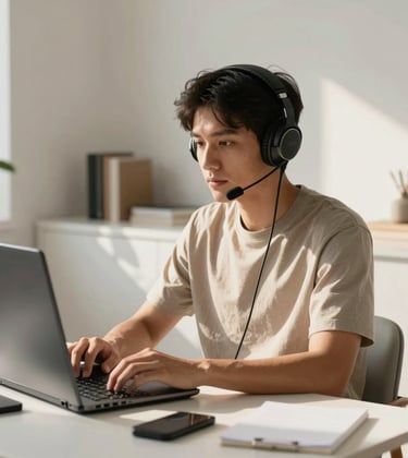 Professional lifestyle photography of a learner in a clean, modern North America / US home office. They are wearing sleek headphones and looking focused. The environment is minimalist with white furniture and warm, natural sunlight.