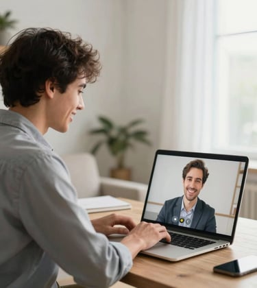 A professional individual smiling while engaging in an online video session on a laptop in a bright, high-end North American home office.