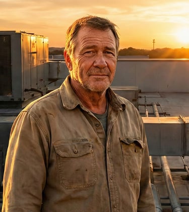 An HVAC business owner standing on a rooftop at sunset, symbolizing a successful business exit and retirement.