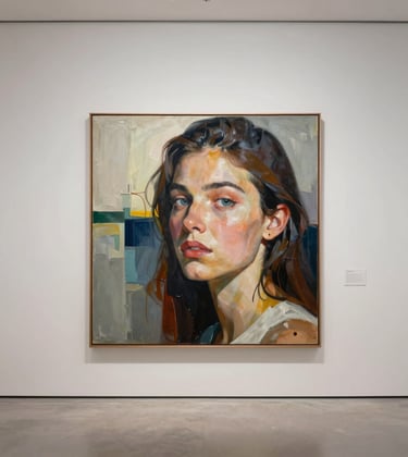 A detailed photography of a contemporary portrait painting by Dena Harris, showcasing abstract realism, displayed on a soft white gallery wall with generous white space and refined museum-quality lighting.