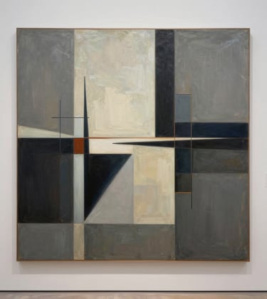 A detailed photography of an urban-inspired abstract realism painting, emphasizing structural forms and light, presented in a high-end contemporary art gallery environment in North America / US.