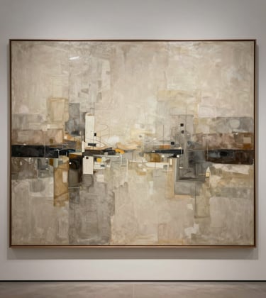 A detailed photography of a large-scale abstract painting with subtle architectural textures, featuring warm ivory and charcoal tones, hanging in an elegant, minimalist gallery setting.