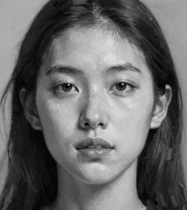 Close-up photography of a contemporary portrait painting with soft white and charcoal highlights, featuring sophisticated, editorial brushwork.