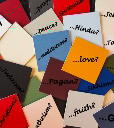 Sticky notes with names of different religions and philosophies