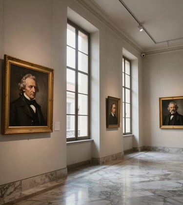 An interior wide shot of a refined museum gallery in a Southern European / Italian style, featuring tall windows with soft natural light, marble flooring, and framed black-and-white portraits of 19th-century authors on off-white walls.
