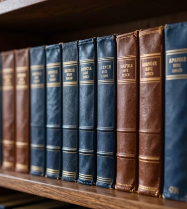 Close-up photography of a dark wooden shelf filled with vintage leather-bound books in shades of deep blue and brown, reflecting a sophisticated literary atmosphere.