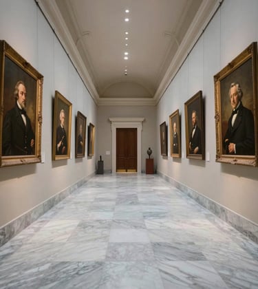 A serene, symmetrical photography shot of a long hallway inside a historic museum with white marble floors and framed portraits of 19th-century figures on the walls.