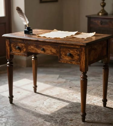 A medium shot of an antique writing desk in a sunlit Italian room, featuring an old inkwell, a quill, and aged parchment, with soft focus on the stone floor.