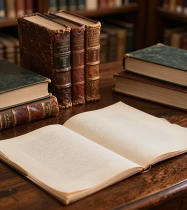 A close-up photograph of scholarly archives, including weathered leather-bound books and ivory-colored parchment paper on a dark wood table, captured in a Southern European / Italian library setting with warm, focused lighting.