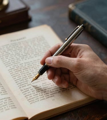 A detail shot of a hand holding an elegant, vintage fountain pen over an old manuscript in an Italian study. The scene is quiet and scholarly, with muted brown and slate blue tones in the background.