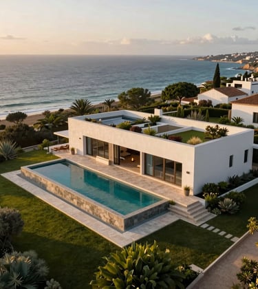 An aerial view of a luxury villa in Cascais, Portugal, overlooking the Atlantic ocean. Contemporary clean-line architecture, stone infinity pool, and lush manicured gardens. Sunset lighting. European High-Net-Worth setting.