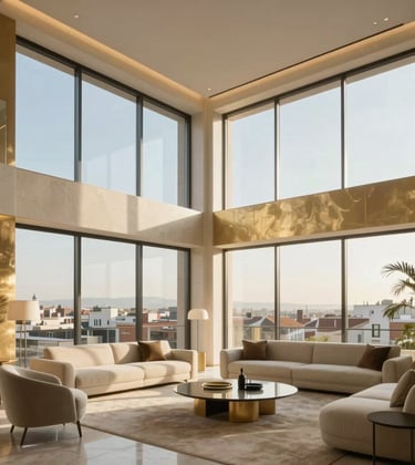 The interior of a modern, minimalist penthouse in Madrid. Large floor-to-ceiling windows, high ceilings, champagne gold accents, and sophisticated furniture. Professional photography with soft, warm afternoon light. European High-Net-Worth lifestyle.