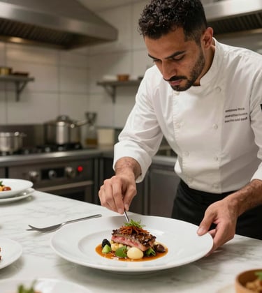 A professional Middle Eastern / Turkish chef plating a modern gourmet dish in a clean, professional restaurant kitchen with cool off-white tiles.