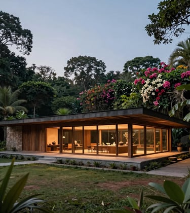 A serene photograph of a modern Krishna-inspired retreat building in a South Asian / Indian style. The architecture features natural materials and open spaces, surrounded by a dense, flowering food forest under a clear evening sky.