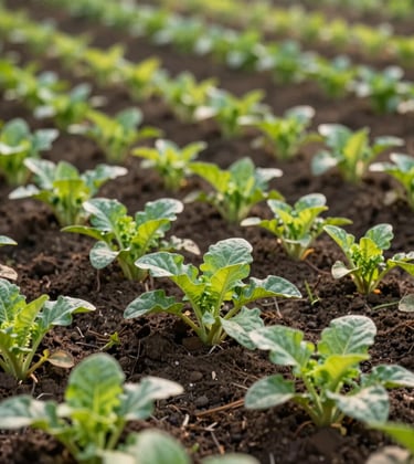 A close-up photograph of vibrant, thriving organic crops and multi-layered agroforestry in a South Asian / Indian farm setting. Rich dark soil is visible between healthy green plants, lit by soft afternoon sun, showing regenerative agriculture in action.