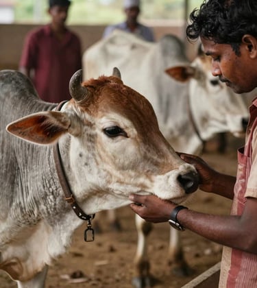 A heart-warming photography of a South Asian / Indian calf being cared for by a collective member. The focus is on the gentle interaction and the serene, earthy surroundings of the cow sanctuary.