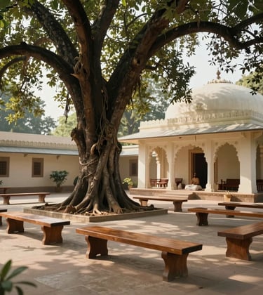 A tranquil outdoor Vedic learning space at Kanhai Van with wooden benches under a large banyan tree. The South Asian / Indian architectural details of the nearby meditation hall are visible. The lighting is soft and natural, emphasizing a mood of wisdom and growth. Elements of light green and off-white are woven into the scene.