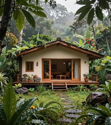 A high-quality photography of an eco-friendly Krishna retreat cottage made of natural stones and wood, nestled within a diverse food forest in South Asia. Morning dew on the leaves, vibrant biodiversity, and a sense of peaceful seclusion. The design is elegant and inviting, utilizing dark green and cream tones.